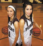 Sophomore Ashley Henderson and Junior Lauren with basketballs