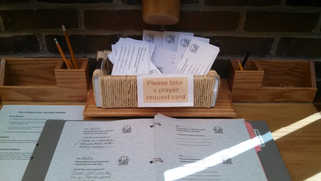 Parishioners at SS. John and Paul use the newly-created prayer niche to request prayer intentions, to pray for those making the requests, and to note prayers answered, which are periodically summarized in the parish bulletin.