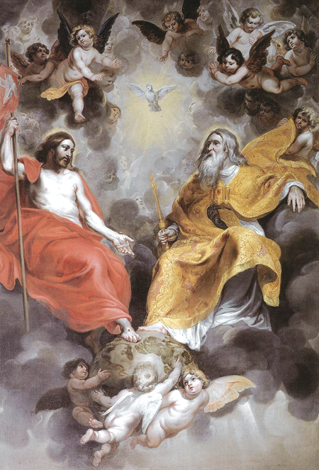 Jesus is depicted at the right hand of God the Father, with the Holy Spirit represented as a dove in Hendrick van Balen's "holy Trinity". The modern notion that Scripture doesn't claim Jesus to be God can be shown false in numerous passages. In Scripture, even the Father calls the Son by the name of God.