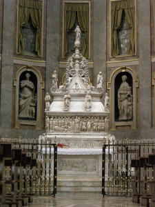 The Ark of St. Dominic, containing the 13th century saint's relics, is seen in the basilica named for him in Bologna, Italy. (Sailko)