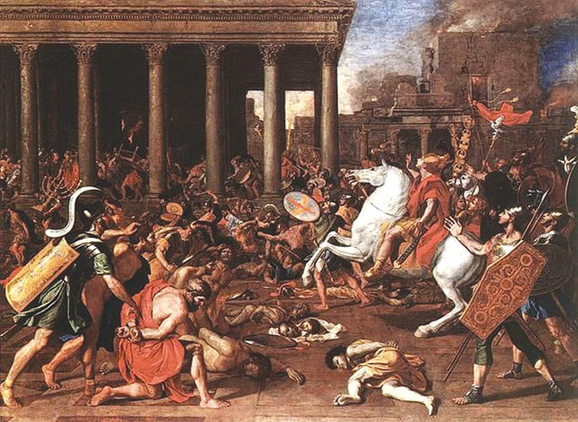 Roman soldiers sack Jerusalem and destroy the temple in A.D. 70, as depicted in Nicolas Poussin’s 1637 work. The temple’s loss signaled the end of the Old Covenant and the ushering in of the “age to come,” the messianic age.
