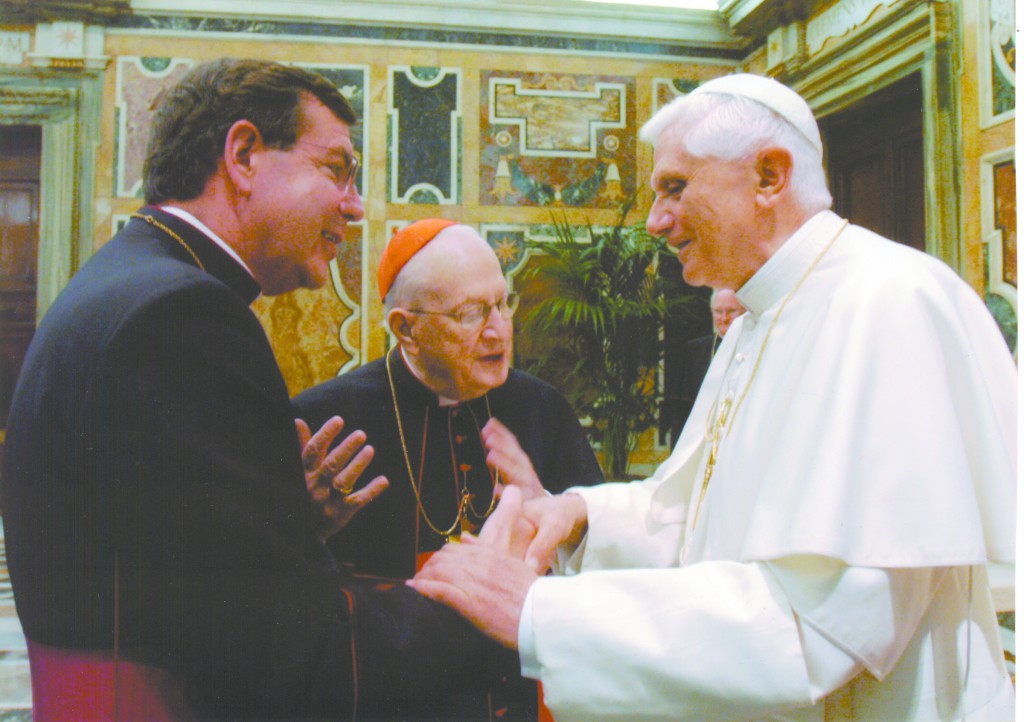 Cardinal Edmund C. Szoka, middle, introduces Bishop Allen H. Vigneron to Pope Benedict XVI during a visit to the Vatican in 2006. Archbishop Vigneron said Aug. 21 that Cardinal Szoka's example of courage has helped in his own ministry. "I learned from Cardinal Szoka that if you are the leader, if you are the father of the family, you need to do the right thing for the service of the community entrusted to you. And move ahead with confidence," he said.