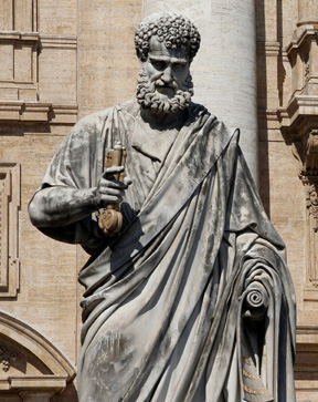 The famous statue of St. Peter holding a set of keys can be seen in the square of the Basilica of St. Peter at the Vatican. The image of keys comes from Matthew 16, where Jesus says he will give Peter the ‘keys to the kingdom of heaven.’