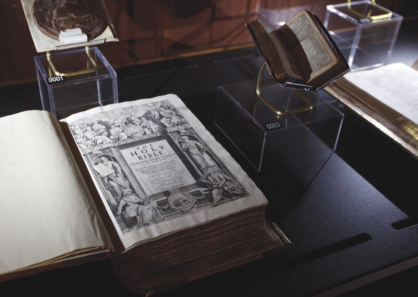 A 1611 first edition of the King James Bible is seen in the "Verbum Domini" exhibit of rare biblical texts and artifacts at the Vatican Feb. 29. The new interfaith exhibit showcases 150 items from the third century B.C. to the 17th century.(CNS photo/Paul Haring) (March 2, 2012) See VATICAN LETTER March 2, 2012.
