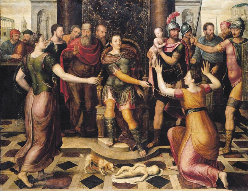 Antoon Claeissens’ “The Judgment of Solomon” (circa 1536-1613) depicts the renown Jewish king’s wisdom in settling a dispute between two would-be mothers of the same child (1 Kings 3). While five books of the Old Testament are attributed to Solomon, he did not write all five.