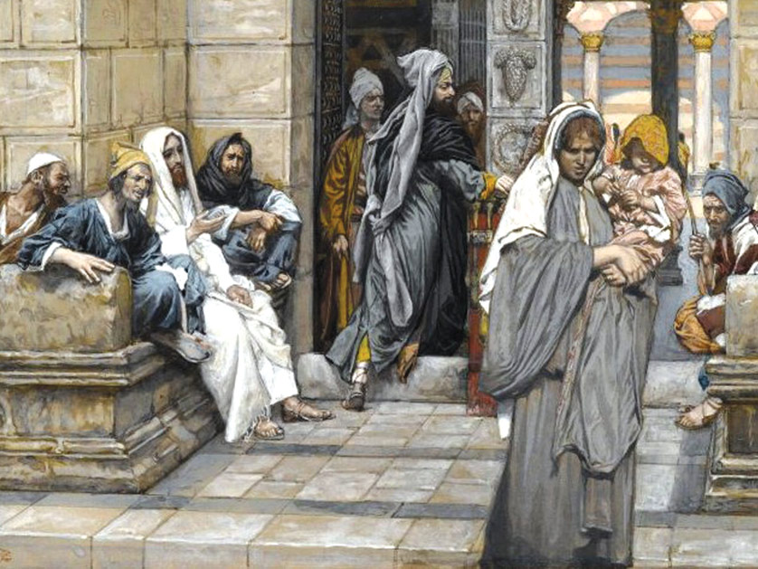 James Tissot’s “The Widow’s Mite” from the Brooklyn Museum depicts Jesus, left, commenting on the widow’s offering to his disciples. Mark’s Gospel makes sure to clarify the Roman coins the widow contributed, which he initially described as simply “tiny.” 