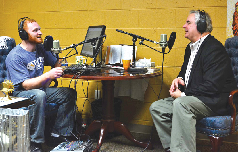 Army of Apostles founder Paul Thomas, left, interviews EWTN’s Marcus Grodi during a podcast radio show at SS. Cyril and Methodius (Slovak) Parish in Sterling Heights last year during the first Midwest Catholic Apologetics Conference in January.
