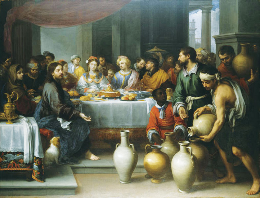 Bartolomé Esteban Murillo’s 1672 painting of Christ’s first miracle, changing water into wine at the wedding at Cana, doesn’t depict anyone snickering, but there is a subtle humor in the Lord’s command to the wedding attendants.  