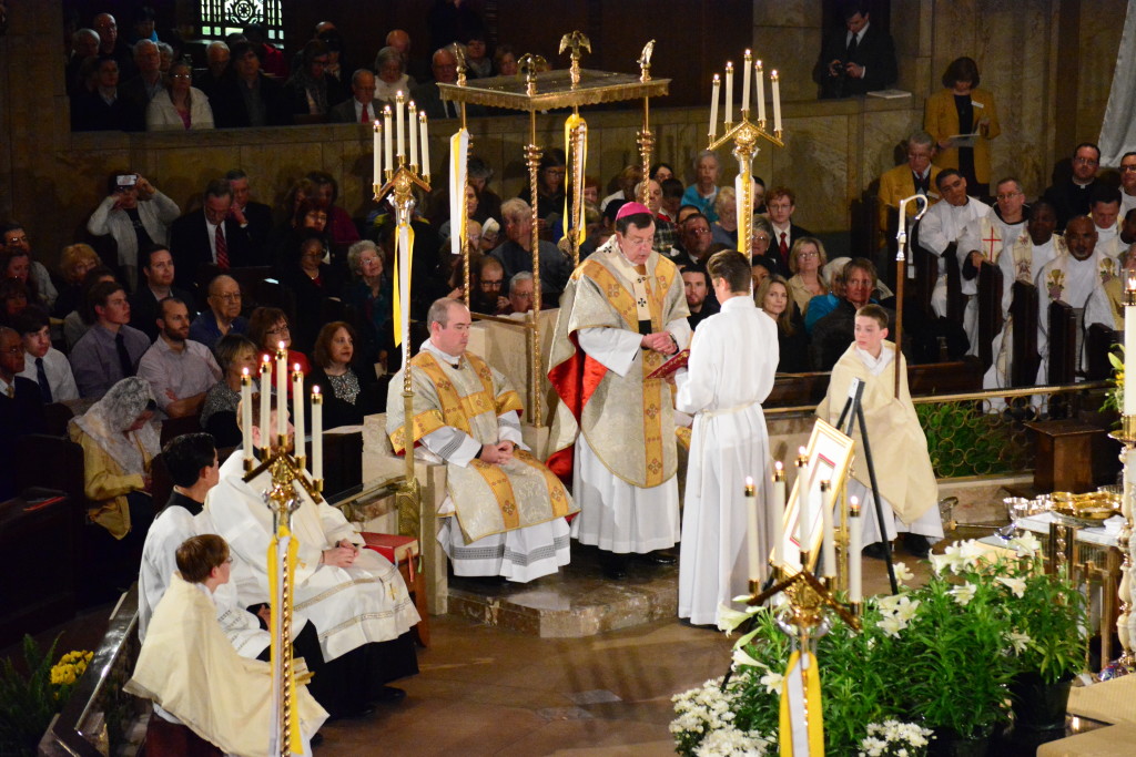 Archbishop Allen Vigneron leads a Mass of thanksgiving at the newly designated National Shrine of the Little Flower Basilica in Royal Oak on April 22. Nearly 30 priests, four bishops and more than 2,000 faithful attended to celebrate the first minor basilica in the Archdiocese of Detroit. (Photos by Mike Stechschulte, The Michigan Catholic)