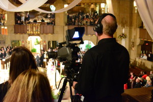 Several local media outlets were set up in the balconies of the octagonal-shaped church. 