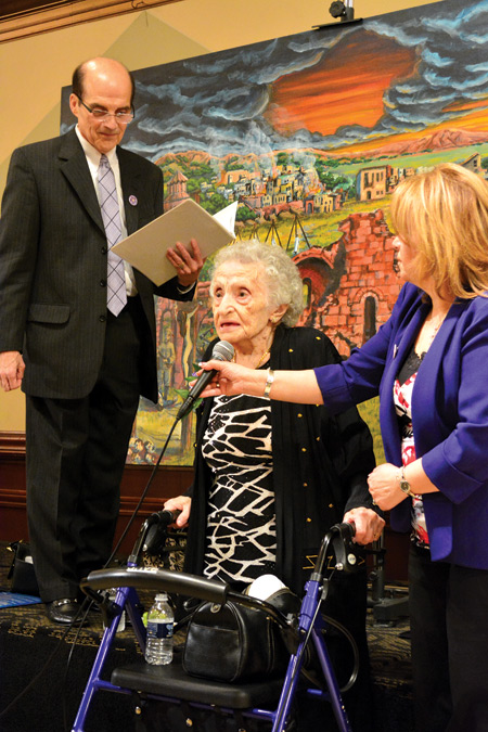 Ramela Carman, 101, one of two remaining survivors of the Armenian genocide still living in Michigan, speaks briefly to those gathered at the St. Mary’s Cultural Center in Livonia during the 100th anniversary commemoration April 24. 