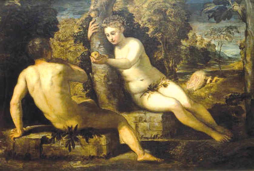 Tintoretto’s 1550 painting of Adam and Eve depicts man’s first parents falling to the temptation of original sin. After the fall, Adam and Eve wore fig leaves to cover themselves, a clothing choice with many layers of meaning.          