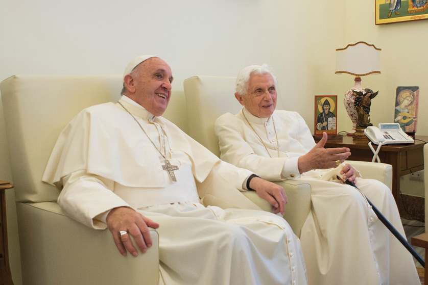 Pope Francis chats with retired Pope Benedict XVI at the retired pope's home at the Mater Ecclesiae monastery at the Vatican June 30. The Bible contains many good reasons for presuming Peter's authority as the first pope. L'Osservatore Romano | CNS photo