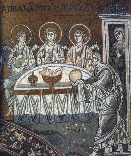 Abraham is visited by three angels in a scene from Genesis 18. The mysterious passage, which describes one of the visitors as "the LORD," could be what Jesus had in mind when he told the Jews that "Abraham... rejoiced to see my day"