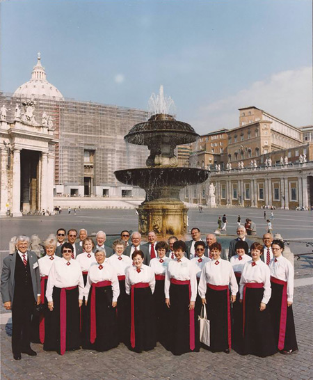 The Rochester Catholic Chorale is pictured in St. Peter's Square at the Vatican during a 1998 trip to perform for St. John Paull II. The choir, which was formed in 1985 by Rochester native Daniel Olson and has toured the Archdiocese of Detroit for 30 years, recently decided it was time for retirement. Courtesy of Patricia Mills