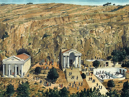 An artist's representation of the sanctuary of Pan, the Greek god of shepherds, at the foot of a massive rock formation in the biblical city of Caesarea Philippi was the site of Christ's promise to build his Church upon the "rock" of Peter, providing many lines of deep symbolism and meaning.