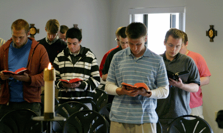 Pre-theologate students at the Franciscan University of Steubenville, Ohio gather for evening prayer. Low-pressure discernment groups, such as the Watchment in the Archdiocese of Detroit can play a role in helping men of all ages determine God's will for their lives, local vocations promoters say.