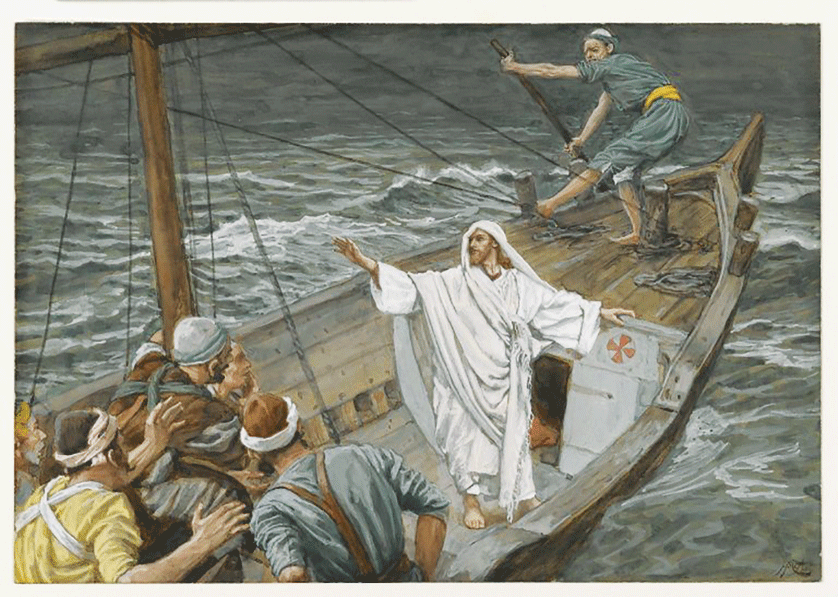 The apostles questioned who Jesus was after he rebuked the storm on the Sea of Galilee in Matthew 8, as in James Tissot's 19th century work, but given the Old Testament precedent, they should already have known the answer. CNS Photo