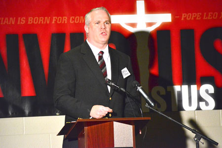 Darren O'Brien, co-founder of the men's apostolate Invictus Christus, speaks during the group's inaugural "Call to Arms" conference Nov.14 at SS. Cyril and Methodius Parish in Sterling Heights. Mike Stechschulte | The Michigan Catholic