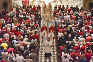 The cathedral was filled with red during the Pentecost vigil Mass, when Archbishop Vigneron announced an archdiocese - wide "initiative to evangelize" and a synod in 2016. Mike Stechschulte | The Michigan Catholic