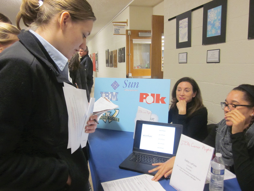 Marian High School students meet with working professionals from companies such as IBM and Sun Microsystems as part of a STEM career night designed to pique interest in such field amoung young women.  Photos by Marian High School