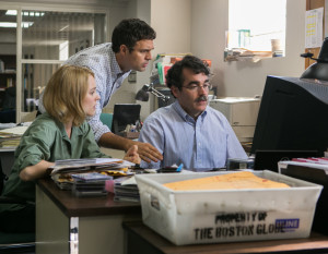 Rachel McAdams, Mark Ruffalo and Brian d'Arcy James star in a scene from the movie "Spotlight."  (CNS photo/Open Road Films) 