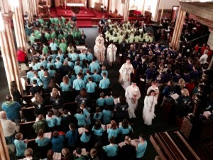 Nearly 800 students from Catholic schools in the Blue Water Vicariate attend Mass at Holy Cross Church in Marine City on Feb. 1. 
