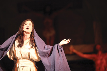 Our  Lady of Sorrows parishioner, Sarah Evangelista sings several songs in her role as Mary in "The Passion Through Mary's Eyes," a live presentation of Christ's Passion at Our Lady of Sorrows Parish in Farmington.  Courtesy of John Santilli
