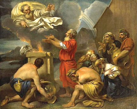 Noah offers a sacrifice to God in this 17th century work by Francesco Castiglione at the El Paso Museum of Art. Despite some lcaims that Noah was only a "literary device" in the Old Testament, Catholic and biblical tradition assert that he was a very real person. CNS Photo