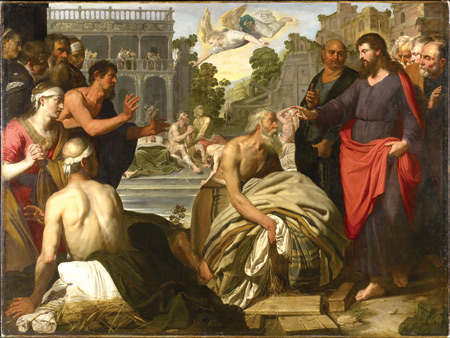 Jesus heals the lame at the Pool of Bethesda in this 17th century work of Artus Wolffort. When, durin gthe Feast of Tabernacles, Christ tells the pilgrims to "come to me and drink," he is echoing a long-standing Jewish tradition linking the coming of the Messiah-King with a promise connected to the feast's ceremony of water. CNS Photo