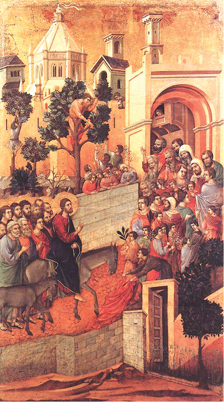 Jesus enters Jerusalem with his apostles in this 14th century work by Duccio. The revered Jewish rabbi Gamaliel prophesied that Jesus’ apostles would disband, unless Jesus’ movement “comes from God.”