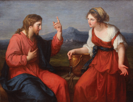 Angelica Kauffman's 18th-century painting of Jesus with the Samaritan woman at the well. Jesus' conversation with the woman about her "five husbands" has a deeper meaning beyond just the woman's own checkered marital history. CNS Photo
