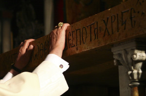 Pope Benedict XVI touches the traditional site where Jesus was crucified at Golgotha, or Calvary, in the Church of the Holy Sepulcher in Jerusalem's Old City May 15. 