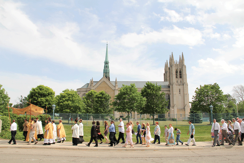 Archbishop Allen H. Vigneron leads a Eucharistic procession around the neighborhood of the Cathedral of the Most Blessed Sacrament on May 29 during the Feast of Corpus Christi, which celebrates the Most Holy Body and Blood of Christ. Photos by Jonathan Francis | Archdiocese of Detroit