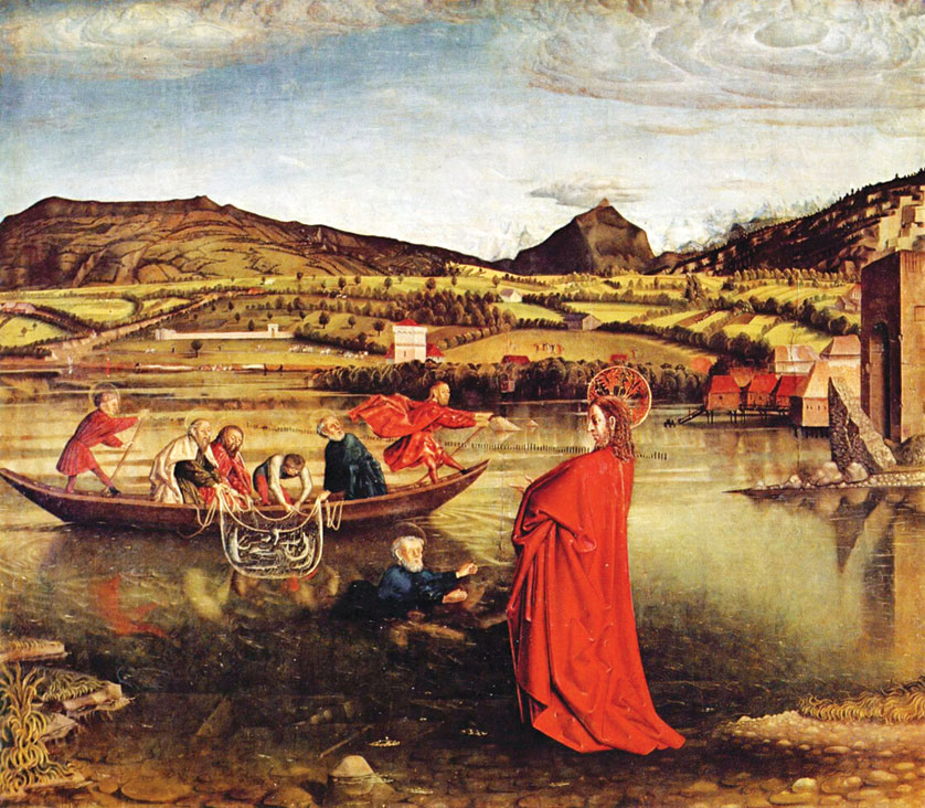 Jesus appears to the apostles and Simon Peter in this 15th century work of Konrad Witz. While Jesus promised in Matthew 16 to bestow upon Peter the keys to the kingdom of heaven, he doesn't fulfill that promise until after his Resurrection in John 21. CNS Photo