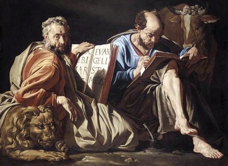 Matthias Stom's 17th century work depicts the Evangelists Mark and Luke recording their Gospels. The bibilical authors of both the New and Old Testaments, though inspired, still cited works that were in circulatiion at the time but no longer exist, such as the Book of Jasher or the Chronicles of Solomon. CNS Photo