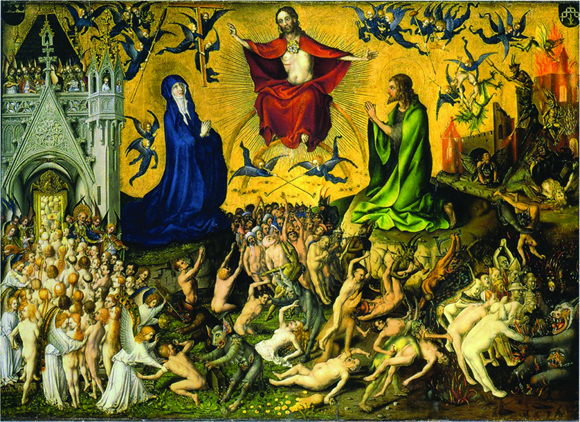 Stefan Lochner’s 15th century work depicts Christ seated on his throne at the Last Judgment. Because the book of Revelation contains several difficult-to-understand prophecies regarding the last days, it was the subject of much misinterpretation in the early Church, as it is today.