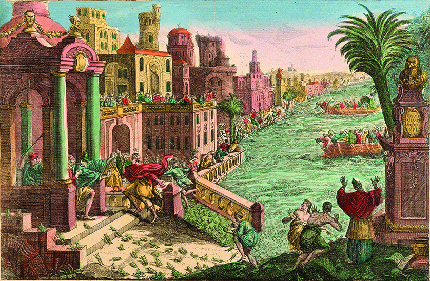 V0010560F2 The second plague in Egypt. The plague of frogs. Credit: Wellcome Library, London. Wellcome Images images@wellcome.ac.uk http://wellcomeimages.org The plague of frogs. Coloured etching. Die zweyte Egyptische Plage. ... 2. Buch Mose cap. 8.v.3, 5, 6. La seconde plaie en Egypte. ... Exode cap. 8.v.3, 5, 6. The lettering above is in French and reversed. Lettering continues with paragraphs describing the particular plague. Etching [1775-1779] Published: [1775-1779] Copyrighted work available under Creative Commons Attribution only licence CC BY 4.0 http://creativecommons.org/licenses/by/4.0/