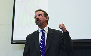 Gregory Dhuyvetter, superintendent of schools for the Diocese of Orange, Calif., speaks to Detroit Catholic school teachers about the importance of innovation in the classroom during the third annual K-12 Teachers and Administrators Conference on Aug. 9 at the University of Detroit Mercy.