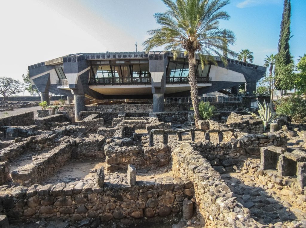 A modern church sits next to the excavated site believed to be the location of St. Peter’s house in ancient Capernaum. Archaeologists found the remains of an ancient church built atop the site, lending credibility to the idea that the site held particular significance for early Christians. 