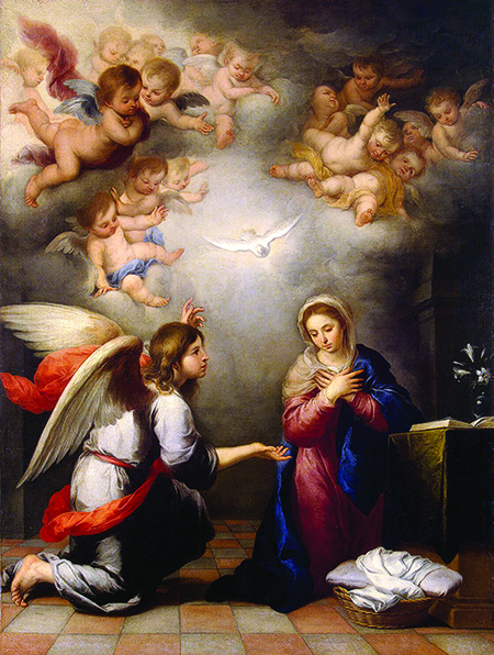 This 17th century work of Bartolomé Esteban Perez Murillo shows the Annunciation from the angel Gabriel to the Blessed Virgin Mary. Although some claim Mary did not have explicit knowledge of Who Jesus was, evidence from Scripture is very clear that she did.