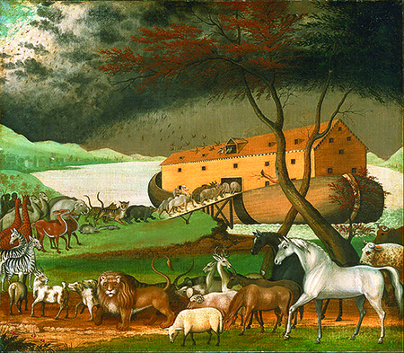 Animals board Noah’s ark in this 19th century work by American artist Edward Hicks, which can be seen in the Philadelphia Museum of Art. There are a surprising number of parallels between the story of the flood and the creation story in Genesis 1.