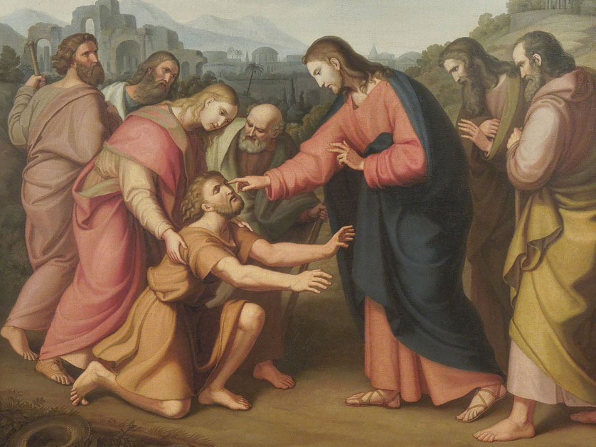 Jesus heals a blind man in this 19th century work by Václav Mánes. In the Gospels, many who sought to be healed by Jesus aimed to touch the tassels on his cloak, a sign prophesied in the Old Testament in Zechariah 8:20-23. 